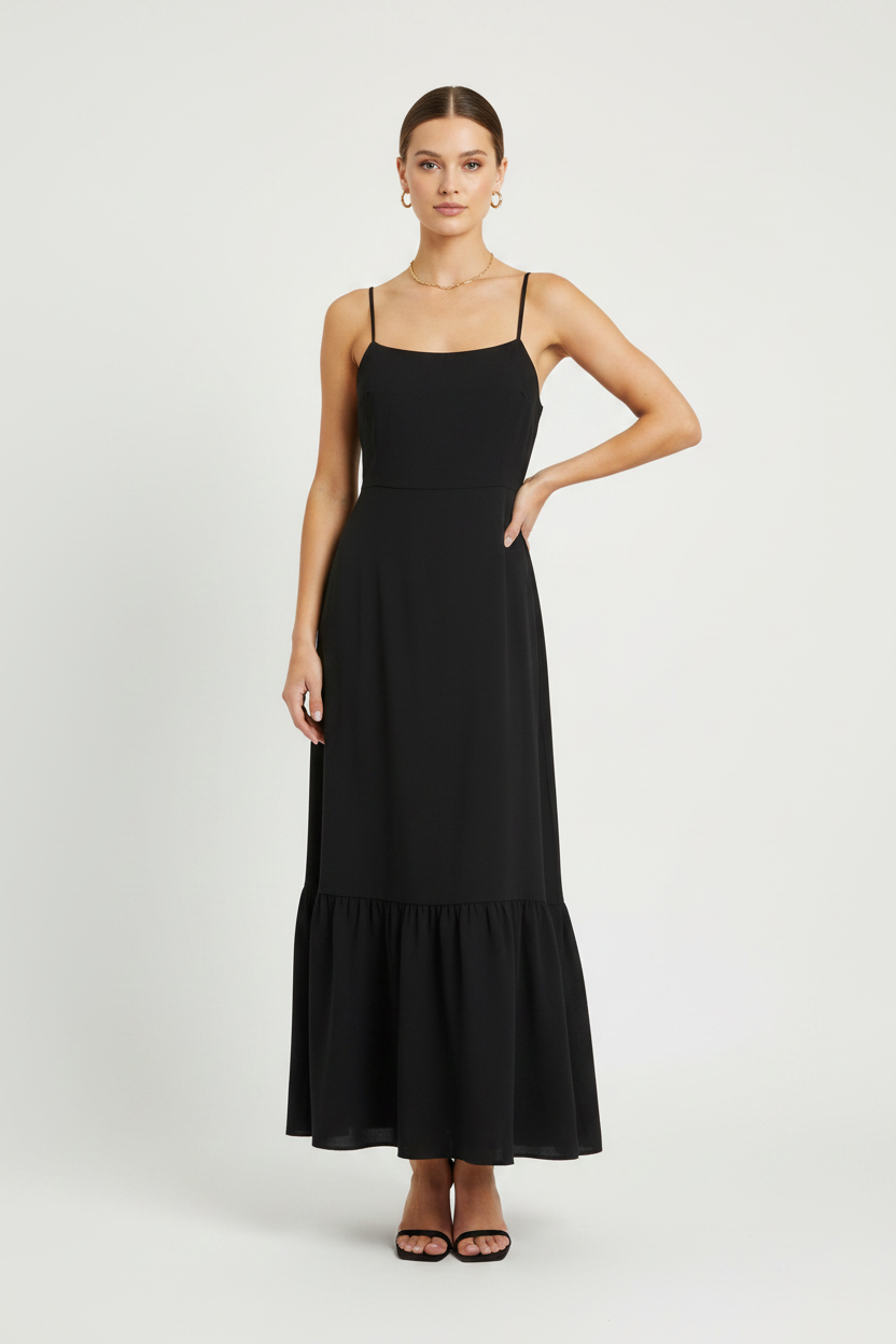Model wearing black maxi slip dress with ruffle hem