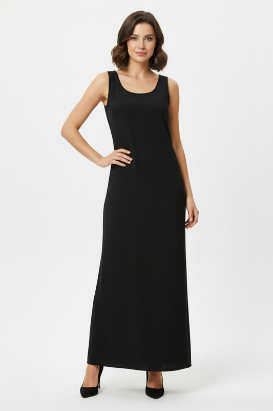Model wearing black mid-calf dress