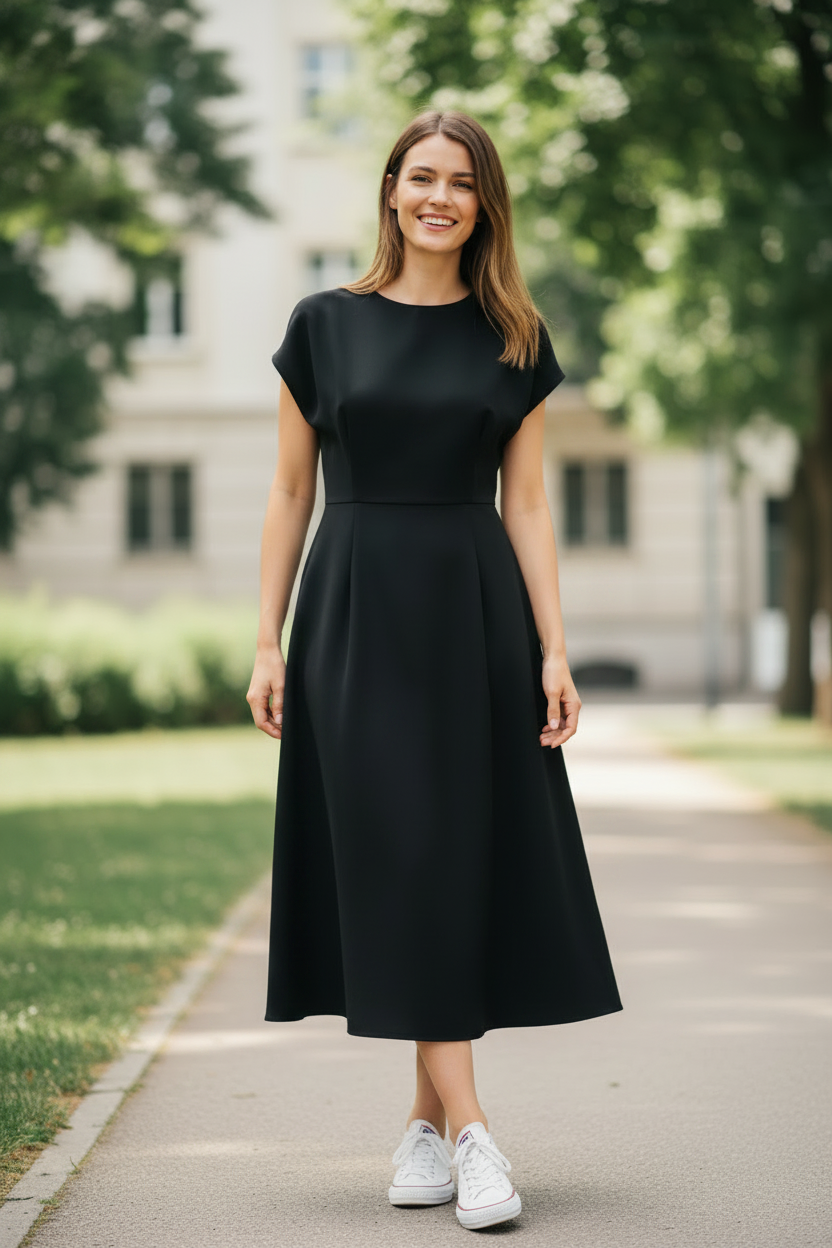 Model wearing black midi dress arms at sides