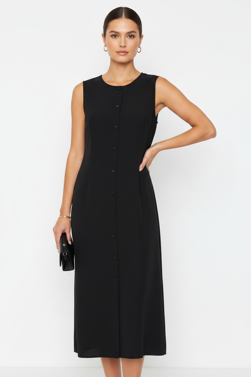 Model wearing black sleeveless midi button dress