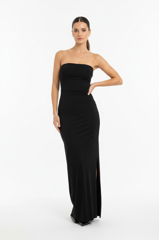 Model wearing black strapless maxi dress
