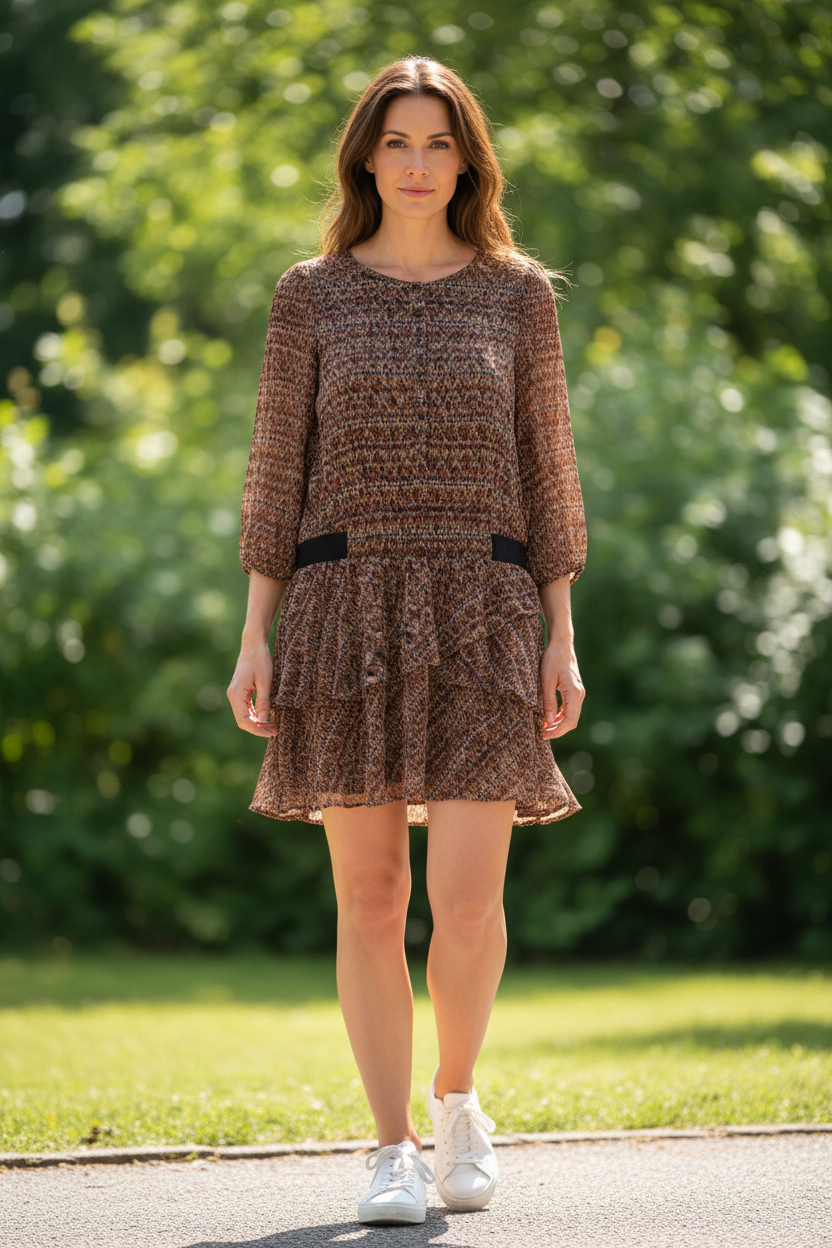 Model wearing brown abstract print dress casual style