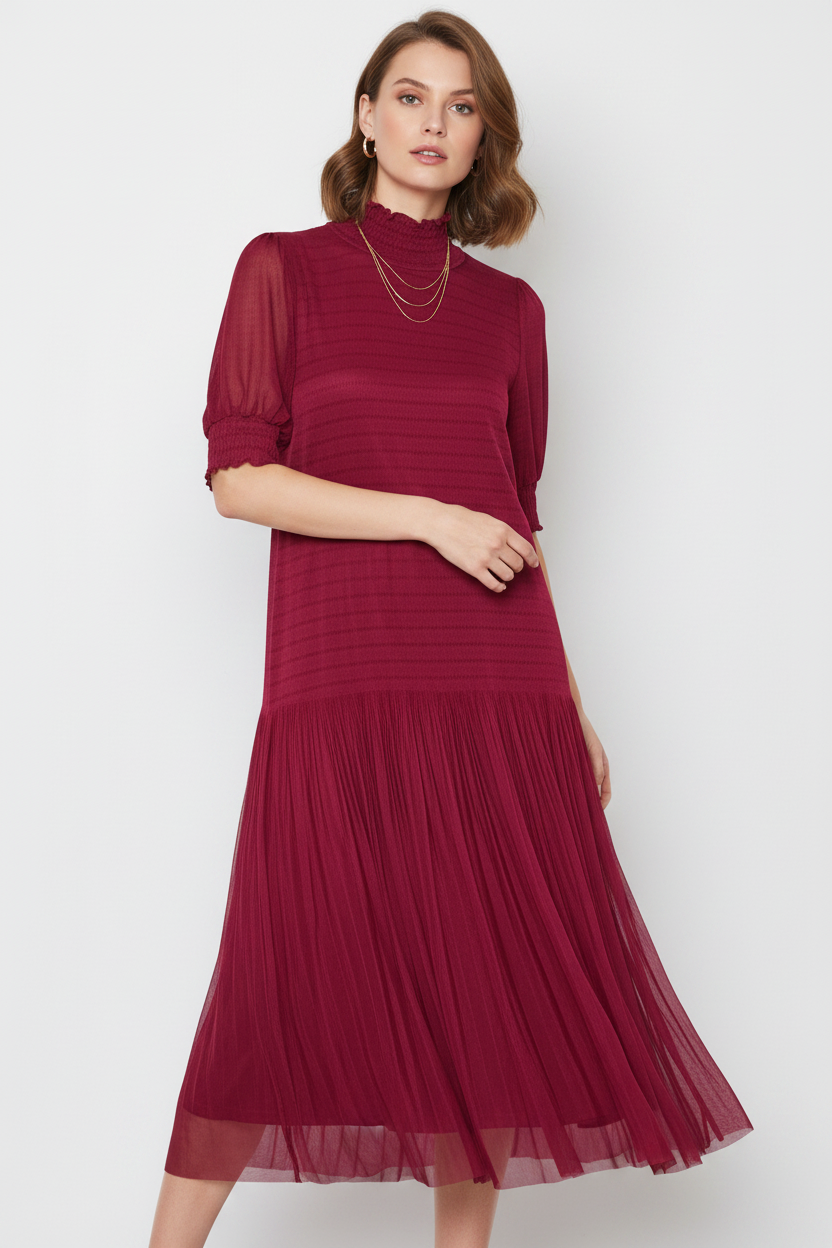 Model wearing burgundy pleated midi dress