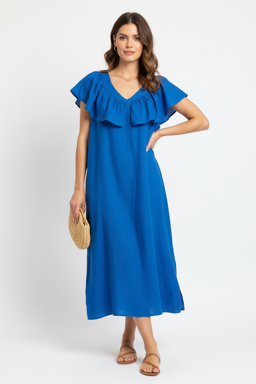 Model wearing cobalt blue ruffle collar midi dress