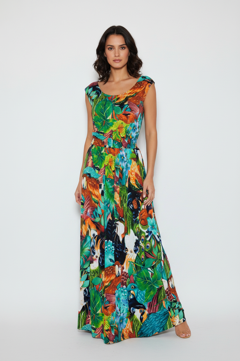 Model wearing colorful tropical maxi dress