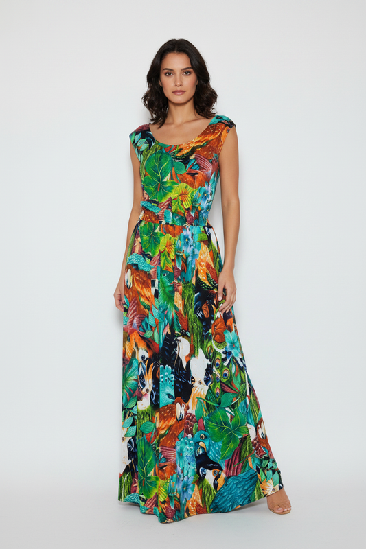 Model wearing colorful tropical maxi dress