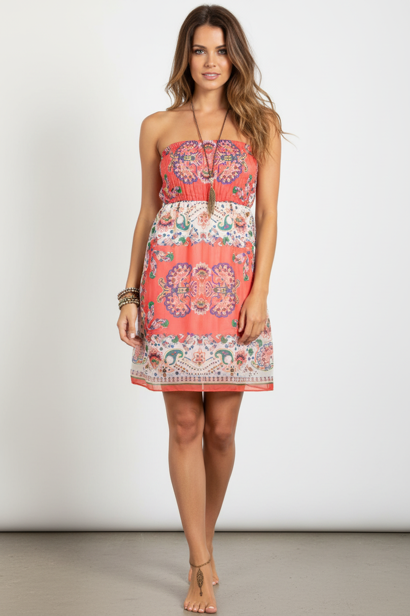Model wearing coral paisley strapless mini dress