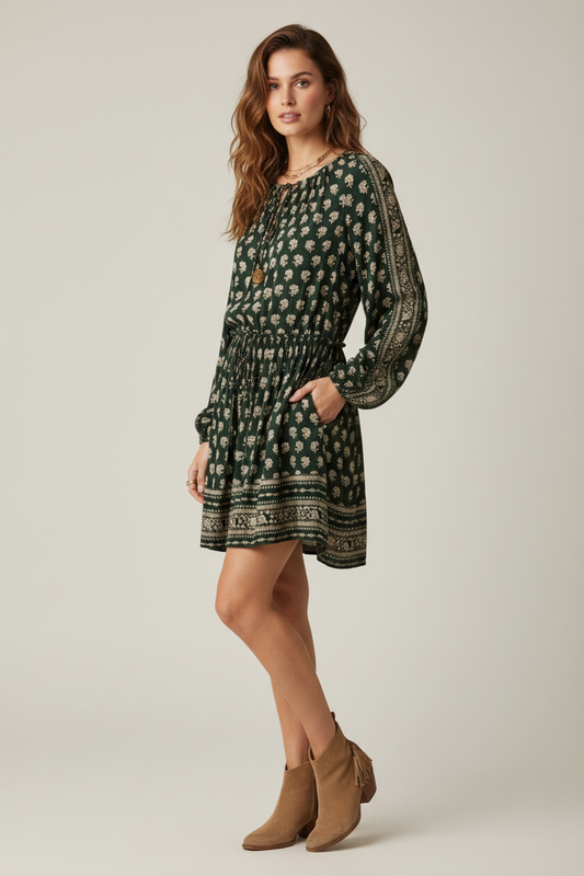 Model wearing dark green boho floral mini dress