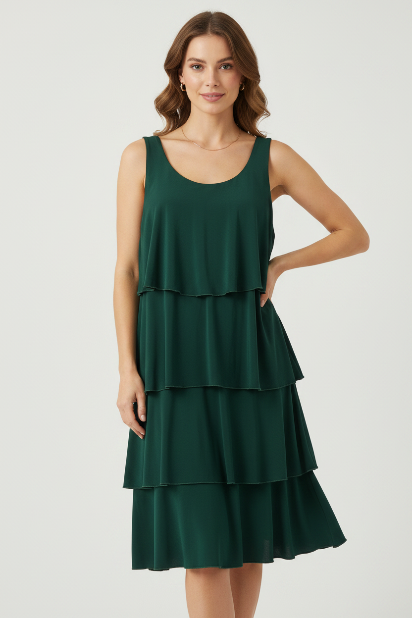 Model wearing dark green tiered ruffle dress