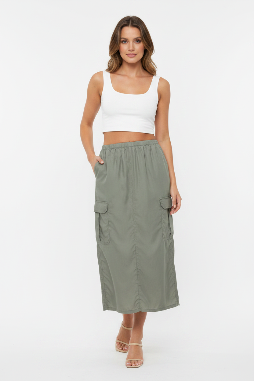 Model wearing khaki cargo midi skirt