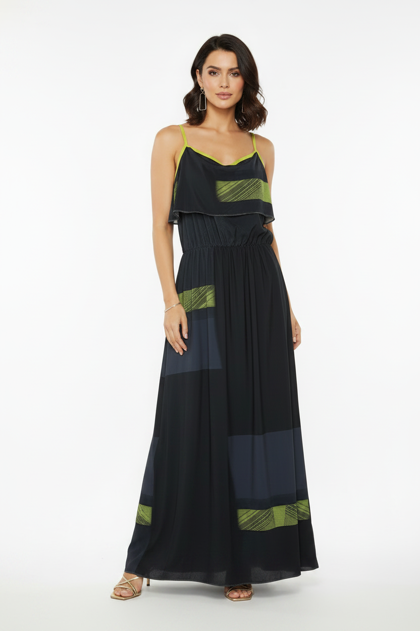Model wearing navy dress with gold summer sandals
