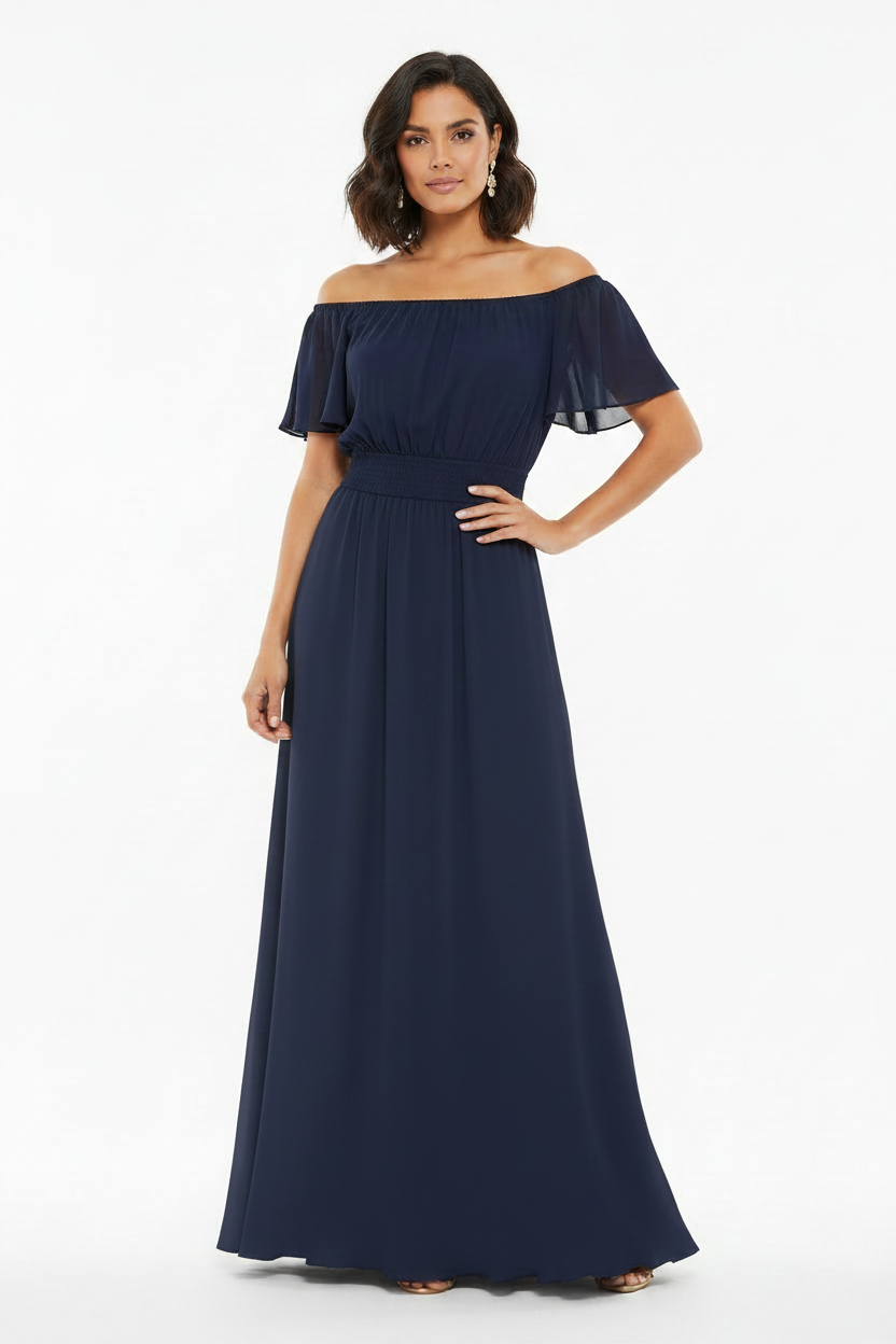 Model wearing navy viscose off-shoulder maxi dress