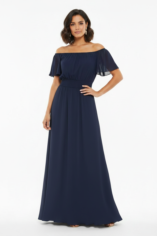 Model wearing navy viscose off-shoulder maxi dress