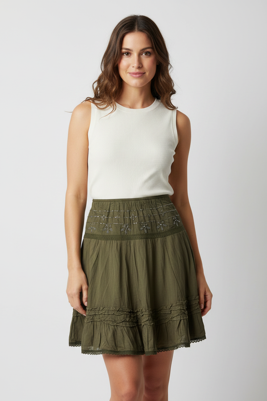 Model wearing olive green boho skirt