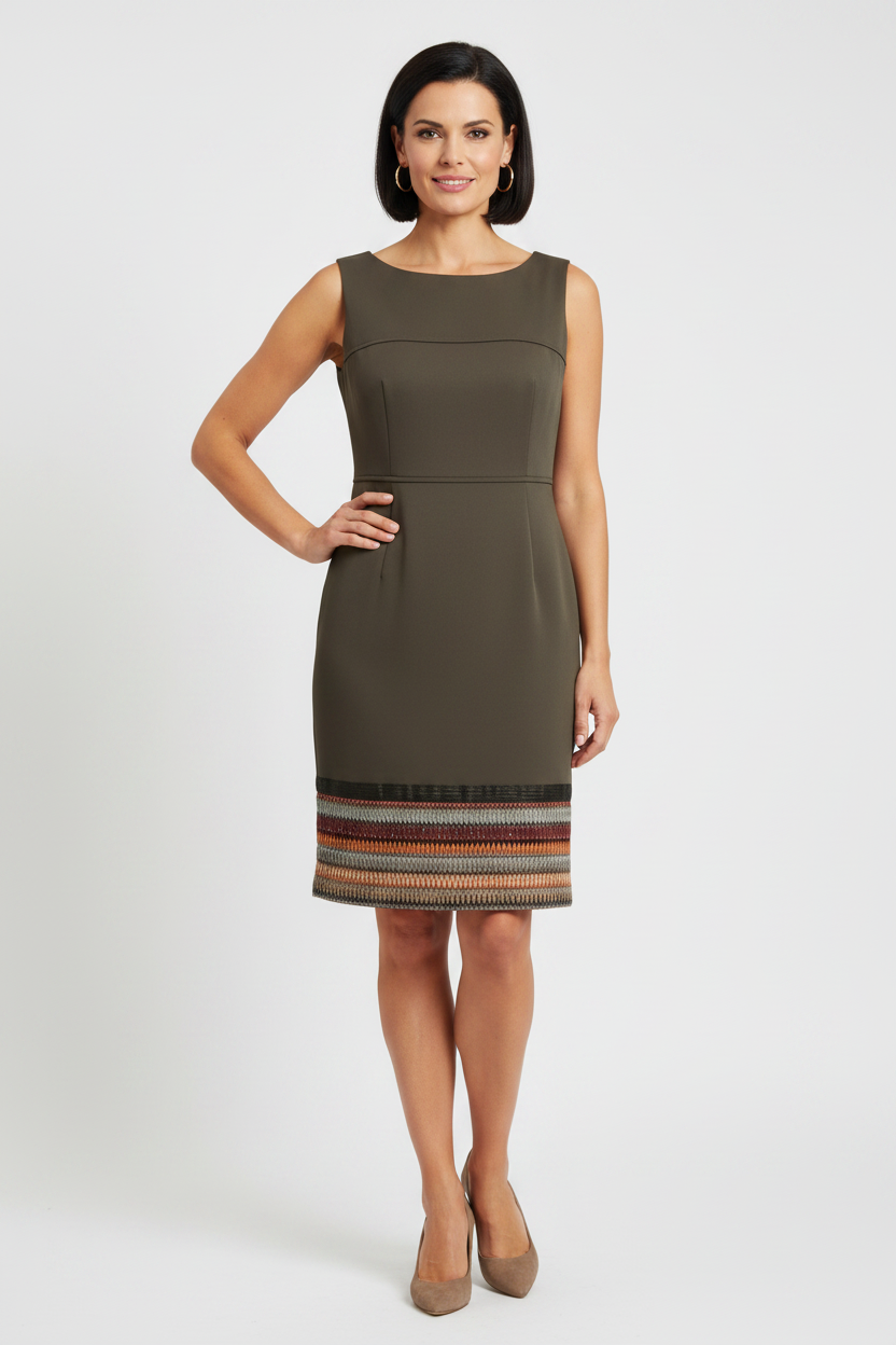 Model wearing olive sheath dress with embroidered hem