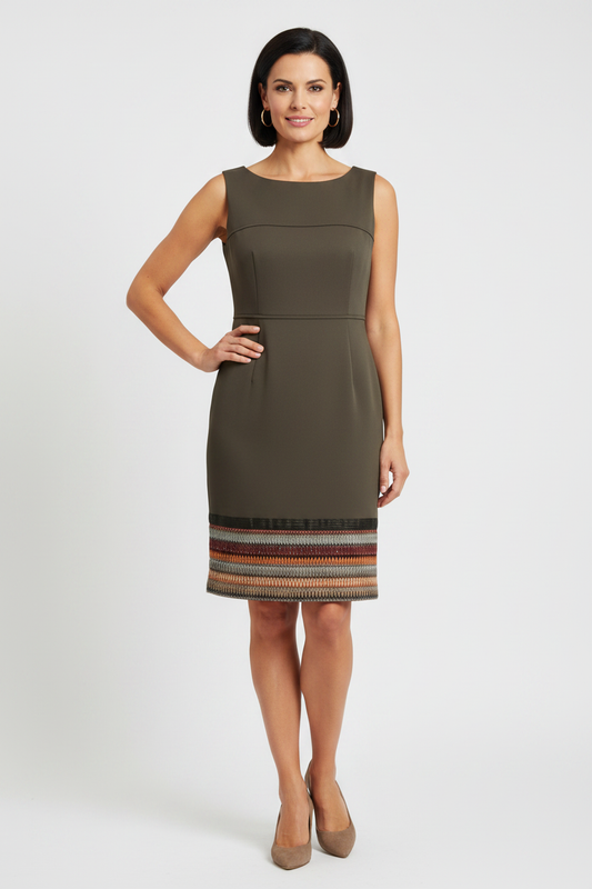 Model wearing olive sheath dress with embroidered hem