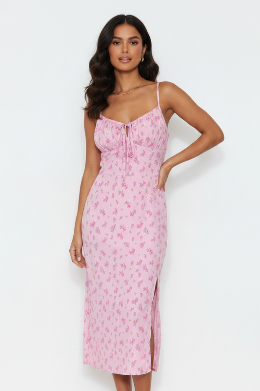 Model wearing pink floral midi slip dress