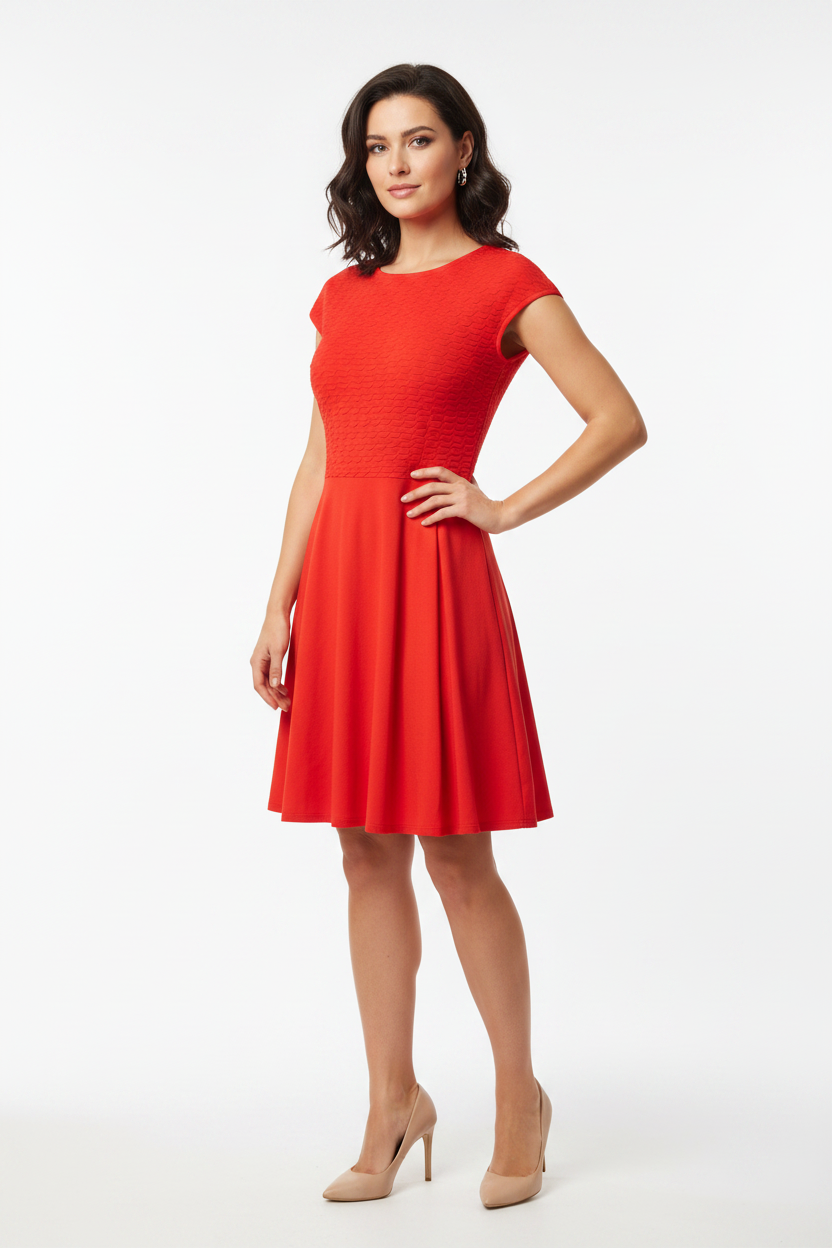Model wearing red cap sleeve dress