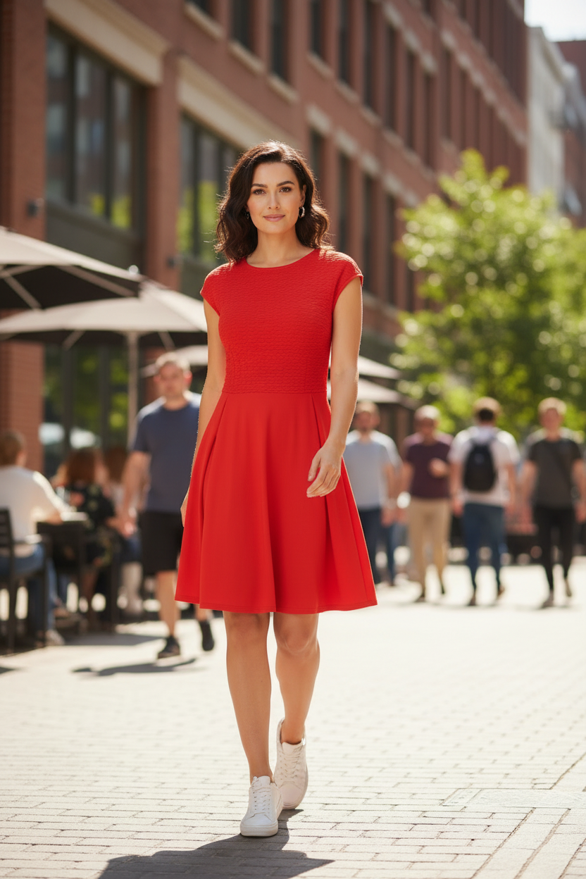 Model wearing red dress casual outdoor style