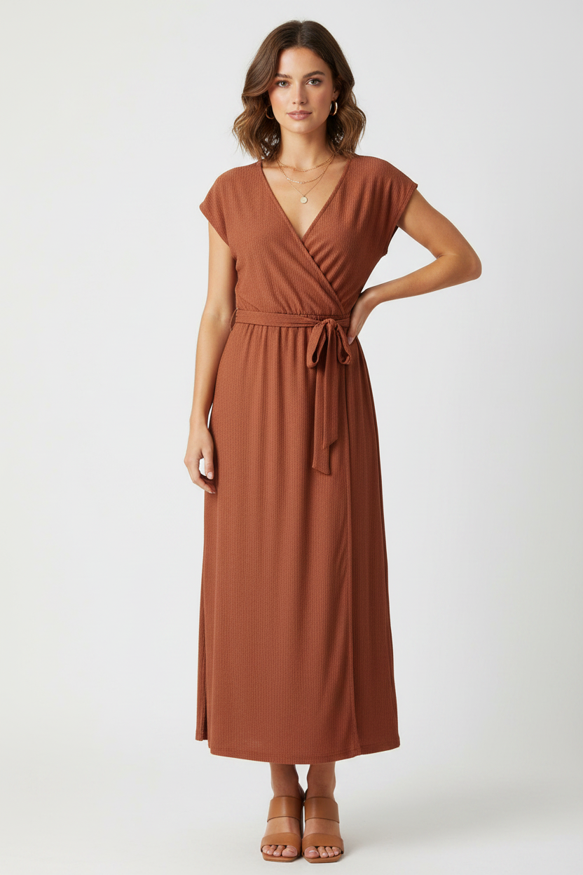 Model wearing rust wrap dress