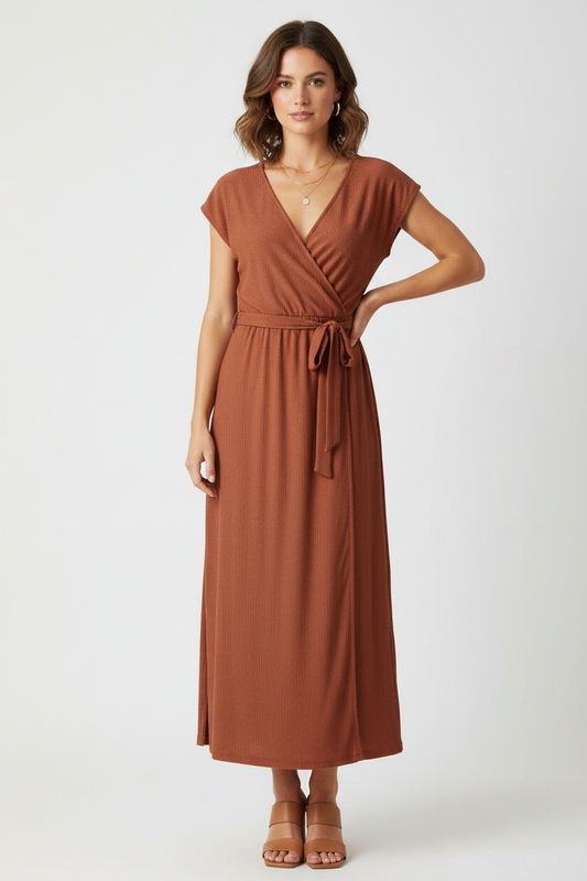 Model wearing rust wrap dress