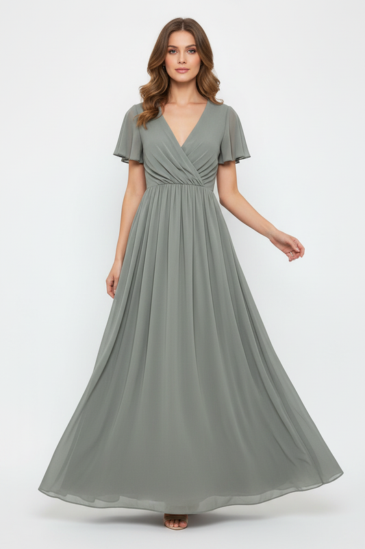 Model wearing sage green maxi dress