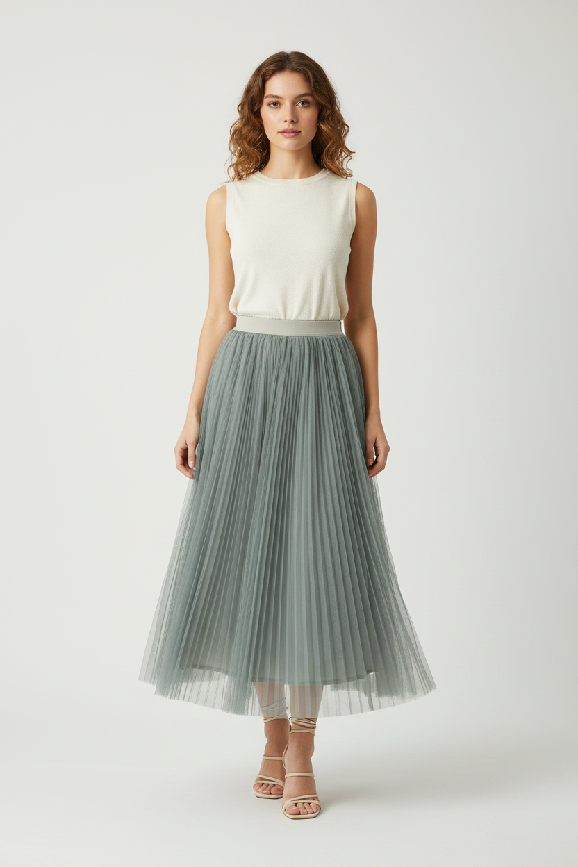 Model wearing sage green tulle maxi skirt