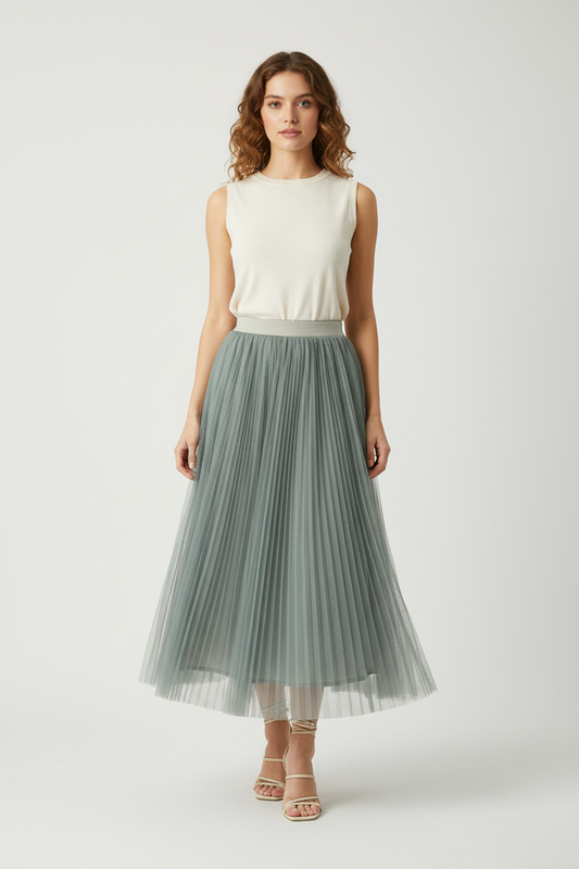 Model wearing sage green tulle maxi skirt