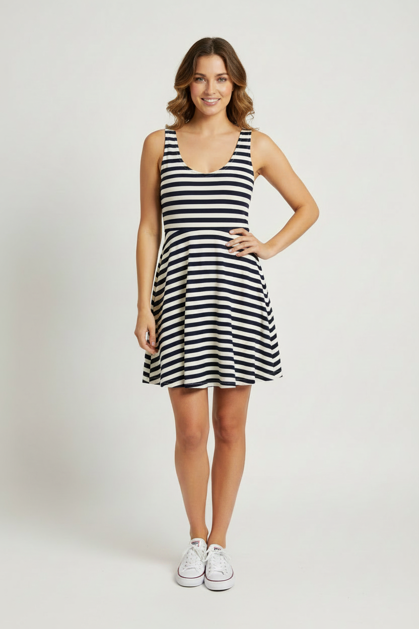 Model wearing striped dress with shoes