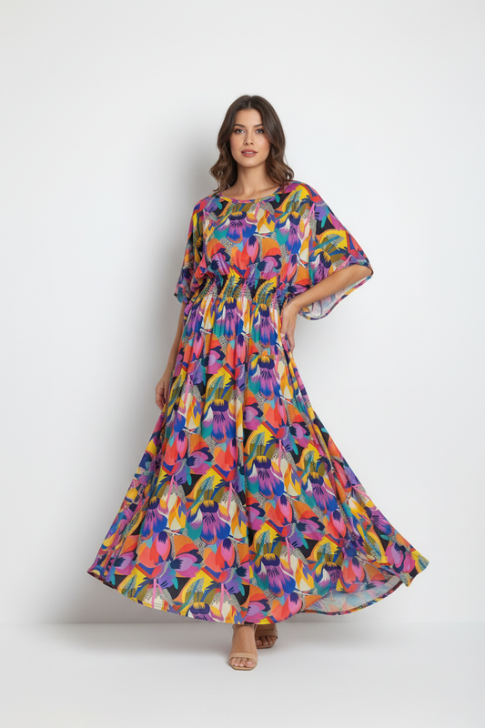 Model wearing vibrant multicolor maxi dress