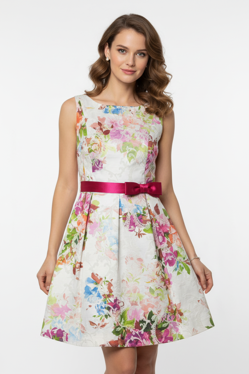 Model wearing watercolor floral dress with fuchsia satin belt