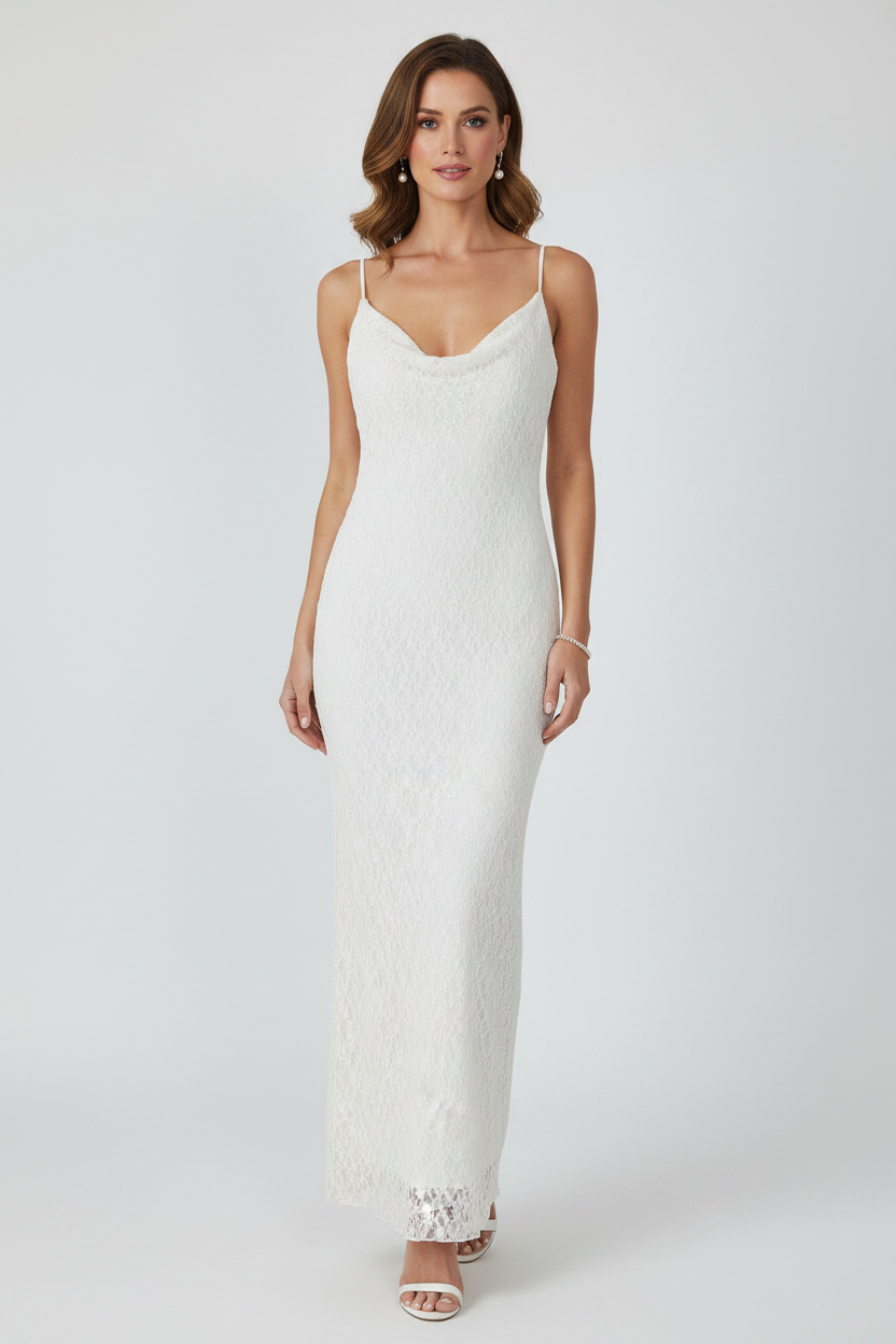 Model wearing white lace maxi bodycon dress with cowl neckline