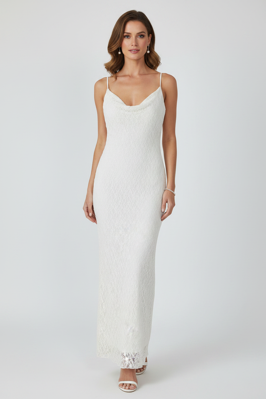 Model wearing white lace maxi bodycon dress with cowl neckline