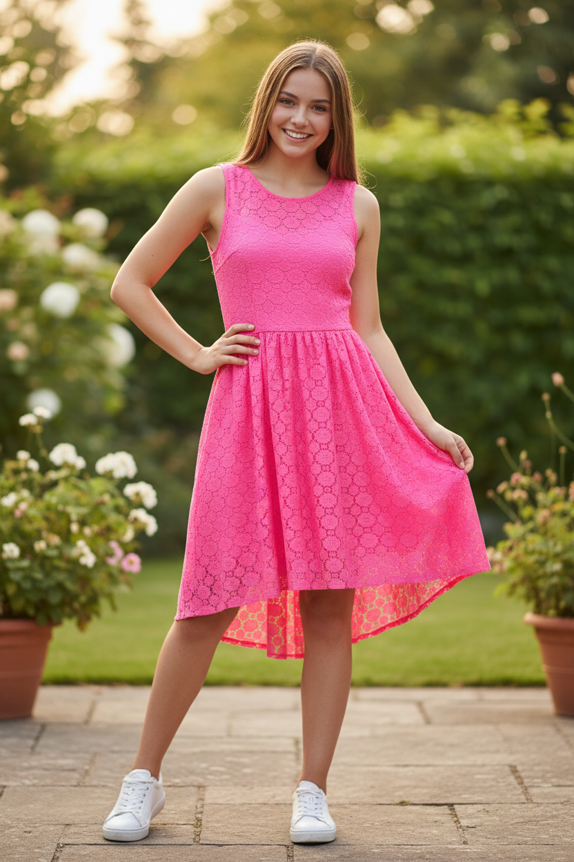 Φόρεμα Neon Pink Δαντέλα Hi-Low - Look