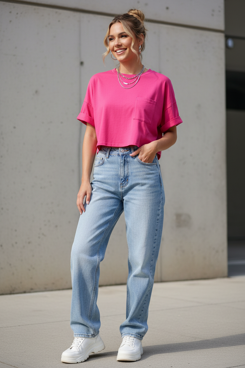 Μπλούζα Φούξια Oversized - Crop Top Look