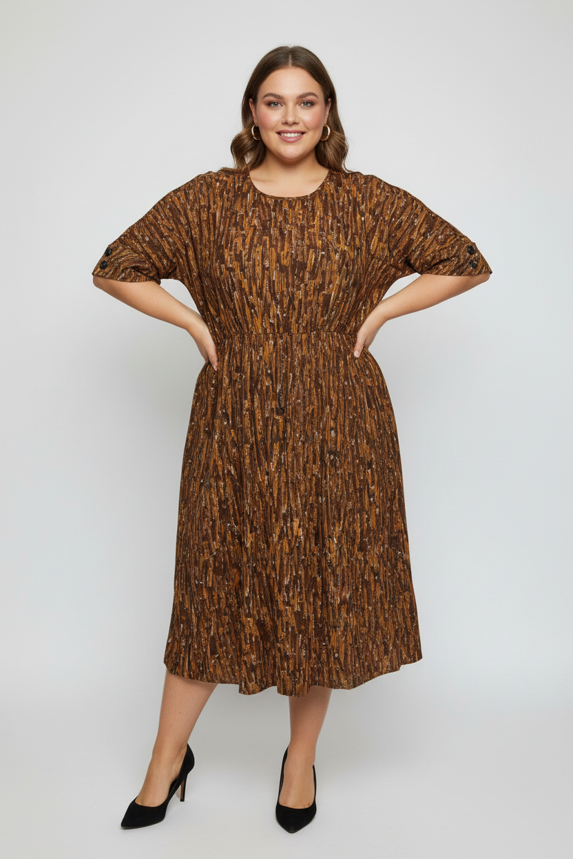 Plus size model wearing brown abstract print dress
