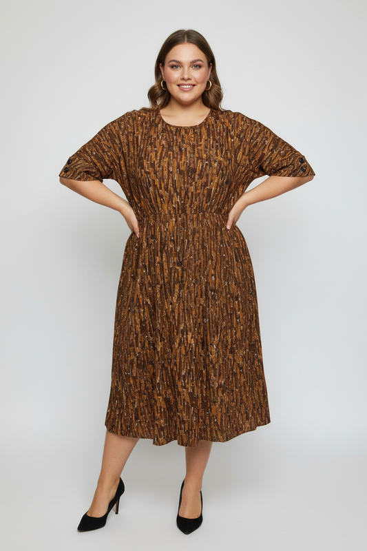 Plus size model wearing brown abstract print dress