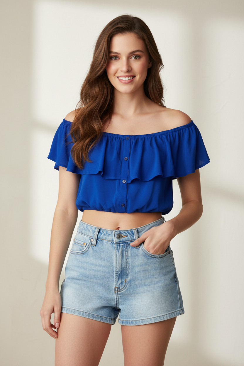 Μπλούζα Royal Blue Βολάν - Crop Top Look