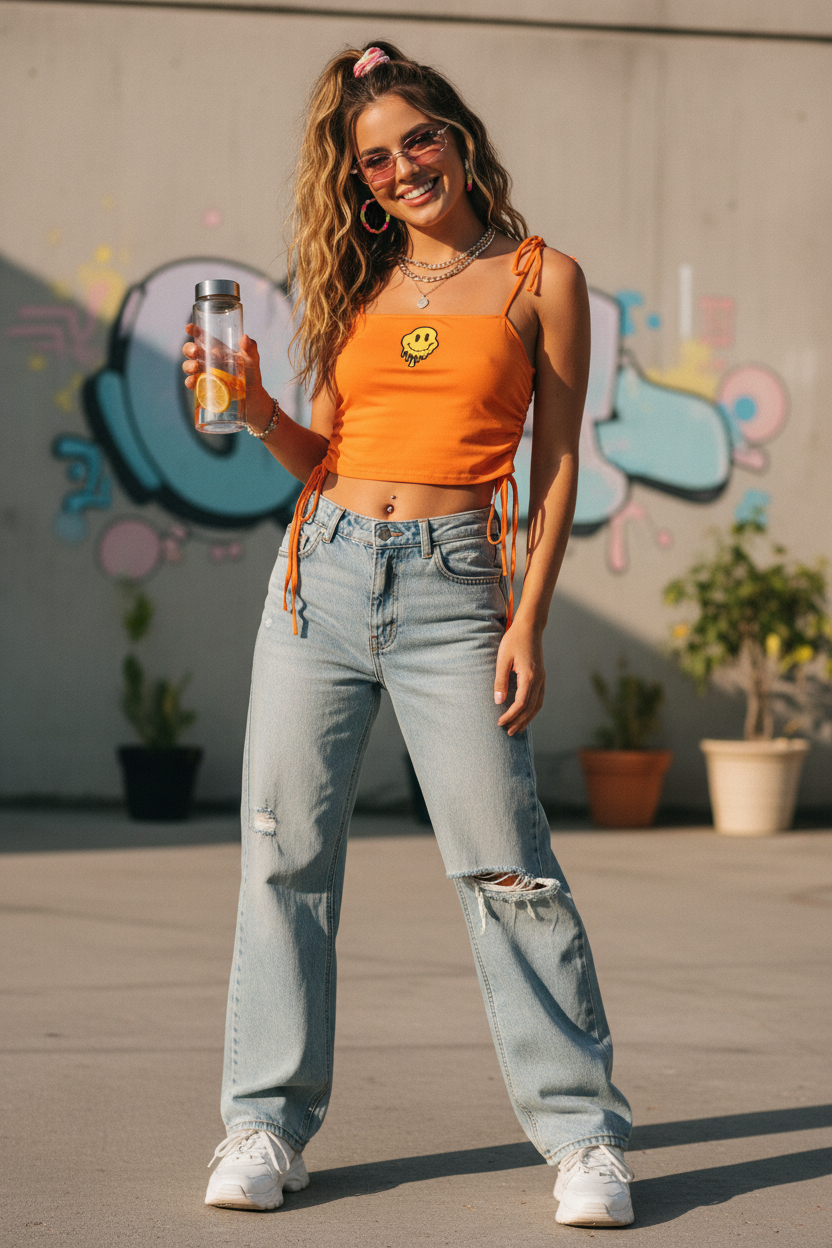 Μπλούζα Πορτοκαλί Smiley Side Ties - Crop Top Look