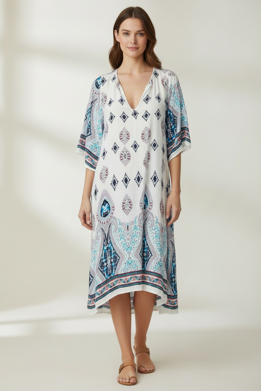 White Boho Dress Model - Clean V-neck